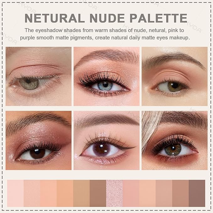 KYDA 12 Colors Netural Nude Eyeshadow Palette with Brush, High Pigment Matte Shimmer Brown Eye Shadow, Netural Eyes Palette for Women, Soft Blendable Powder Eyeshadow, Korean Eyes Makeup