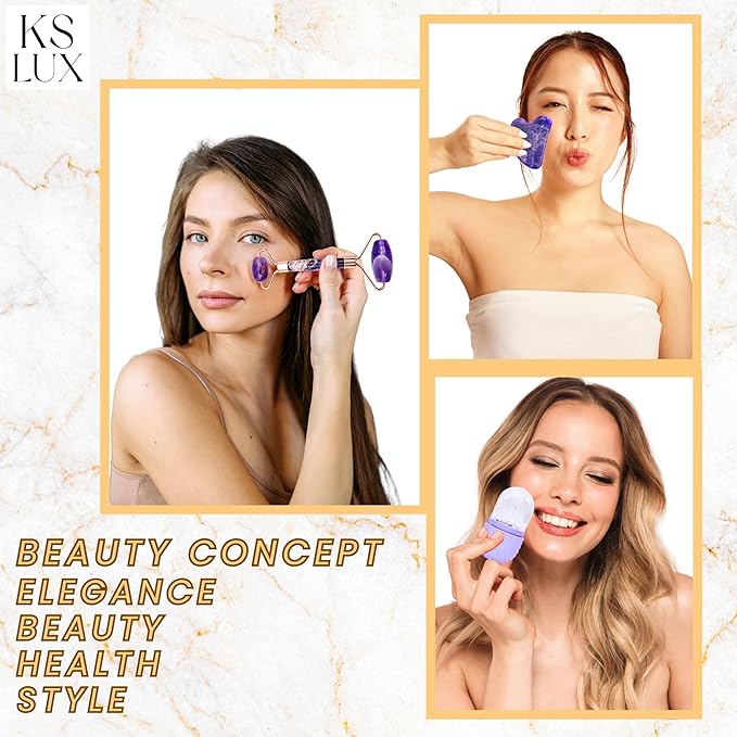 Skincare tools set, facial accessories for skincare, teen skin care kit with jade roller and gua sha set, self care tools, clean girl aesthetic gifts, face kits with gua sha and ice roller KS LUX