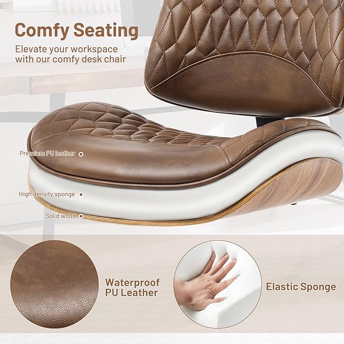 Walnut Bentwood Mid Back Armless Office Chair 2 Pack, Adjustable Height PU Leather Swivel Desk Chair with Wheels, Rolling Computer Task Chair for Home Office, Study, Meeting Room