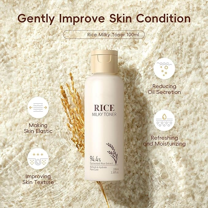 Rice Toner for Face with Rice Extract, Lightweight Facial Moisturizer for Dry Skin, Deep Moisturizing Strengthen Skin Minimize Pores for All Skin Types- 100ml