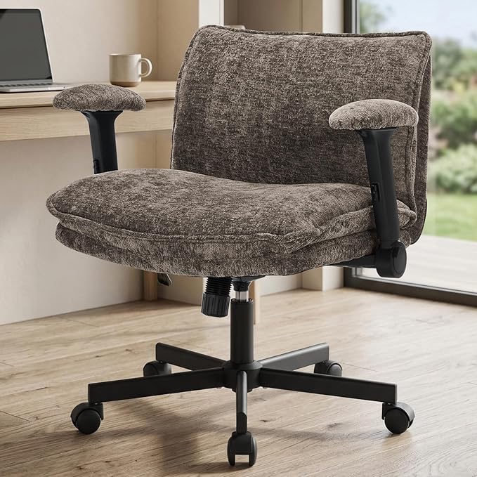 Cross Legged Office Chair, Height Adjustable Swivel Desk Chair with Flip-Up Arms, Padded Criss Cross Chair for Home Office & Bedroom