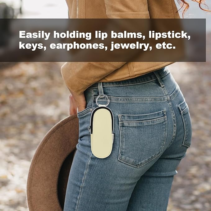Portable Lip Balm Organizer Case with Keychain, Travel Chapstick Holder Storage Bag, Waterproof Small Cosmetic Organizer, Anti-Lost Lipstick Lip Gloss Sleeve Pouch Keeper Case (Beige, Large)