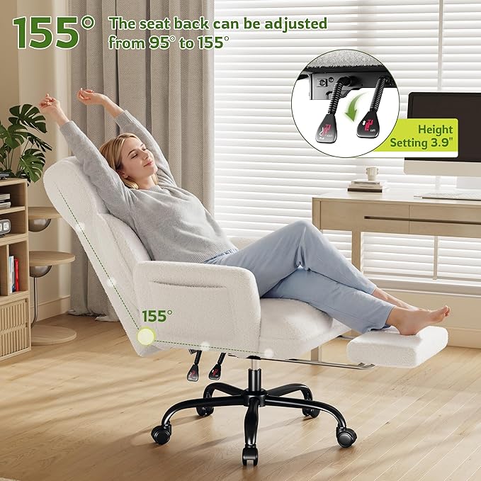 Big and Tall Office Chair with Adjustable Arms and Back, Ergonomic Office Chair with Footrest and Comfortable Fabric for Home Office, Bedroom,White