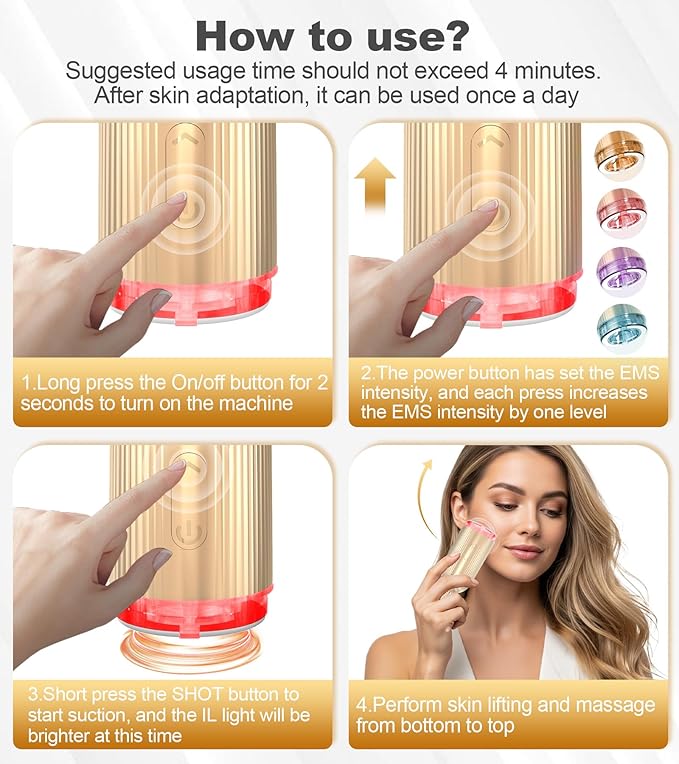 Face Massager Tool with Suction Shot 2026, 4 Color Facial Red Light Therapy, Beauty Device for Face, Face Massager for Double Chin & Lifting & Wrinkle Reduction, Portable Skin Care Tools, Rose Gold