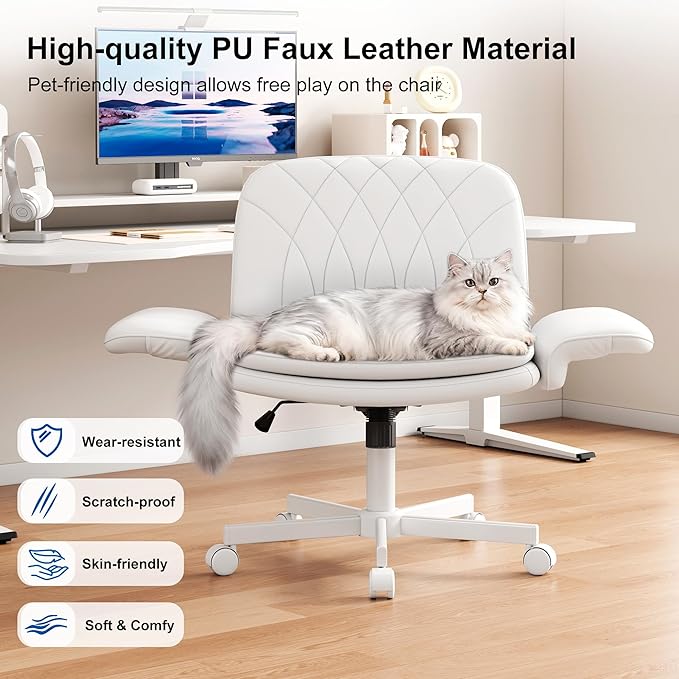 Misolant Criss Cross Chair with Armrests & Wheels for Cross-Legged Sitting, Comfortable PU Leather Vanity Chair, Office Desk Chairs with Adjustable Rocking Function, for Home, Bedroom White
