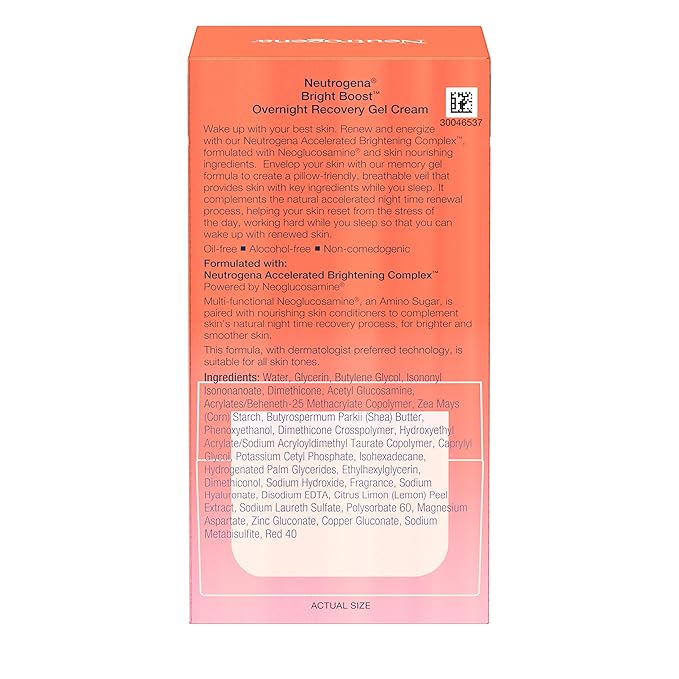 Neutrogena Bright Boost Overnight Recovery Gel Cream with Neoglucosamine, Brightening Nighttime Moisturizer, Oil-Free & Non-Comedogenic, 1.7 oz
