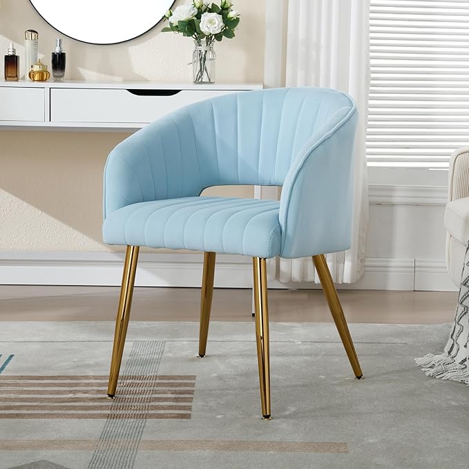 Westice Velvet Home Office Desk Chair Set of 1, Modern Tufted Vanity Chairs with Gold Metal Legs, Upholstered Accent Armchair for Living Room Restaurant, Light Blue