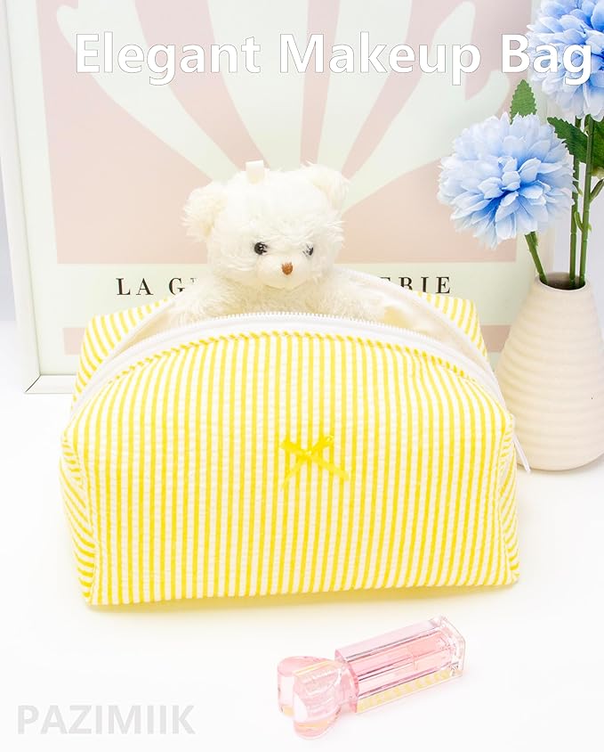 PAZIMIIK 2PCS Cozy Makeup Bag Small Aesthetic Travel Zipper Cosmetic Pouch for Women Make Up Beauty Accessories Brushes, Stripe Yellow