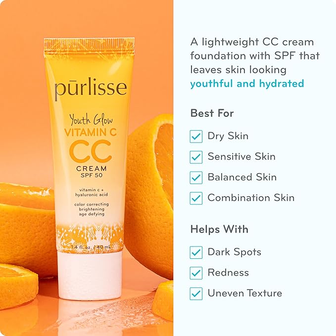 pūrlisse Youth Glow Vitamin C CC Cream with SPF 50 - Color Corrector Enriched with Sea Buckthorn, Vitamin C & Hyaluronic Acid - Boosts Radiance & Youthfulness - Paraben-Free - Light (1.4 oz)