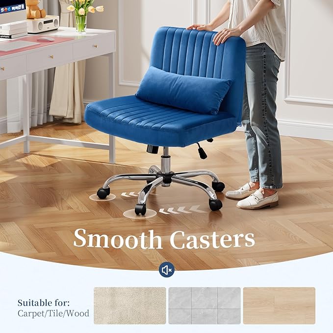 Warmiehomy Velvet Criss Cross Chair with Wheels, Cross Legged Office Chair, Comfy Desk Chair for Home Office, Ergonomic Computer Chair, Wide Seat Vanity Chair, for Adults, Dark Blue
