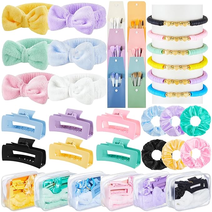 Zeyune 36 Pcs Gifts Sets Bulk for Tween Teen Women Preppy Party Favors Set Preppy Makeup Bag Hair Pin Scrunchies Headbands Bracelets Trendy Stuff Gift for Women Friend Birthday Present(Macaron Colors)