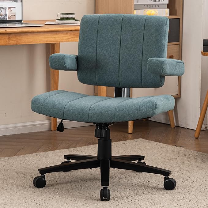 Blue Criss Cross Office Chair with Wheels, Ergonomic Wide Seat Vanity & Dressing Table Chair, Adjustable Arms Swivel Rolling Desk Chair for Women, Comfortable Cross-Legged Support