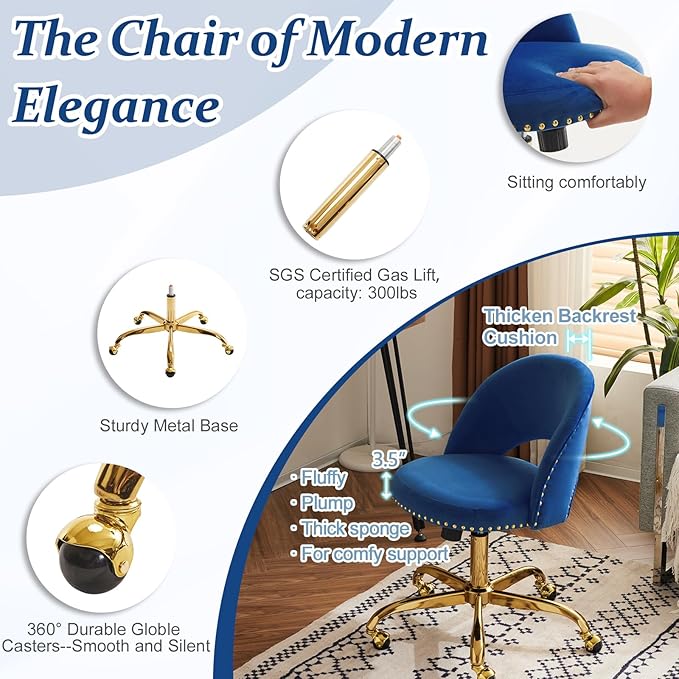 VINGLI Modern Velvet Small Office Chair,Cute Desk Chair with Wheels,Gold Base/Studs, Comfy Armless Swivel Vanity Task Chair for Women/Girl/Kids, Nail Tech Chair for Bedroom,Small Space,Navy Blue