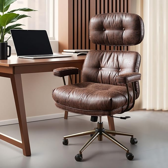 ovios Ergonomic Office Chair, High Back Faux Leather Executive Chairs with Thick Cushion, Comfy Mid-Century Modern Swivel Rolling Computer Armchair (Dark Brown, Suede Leather)