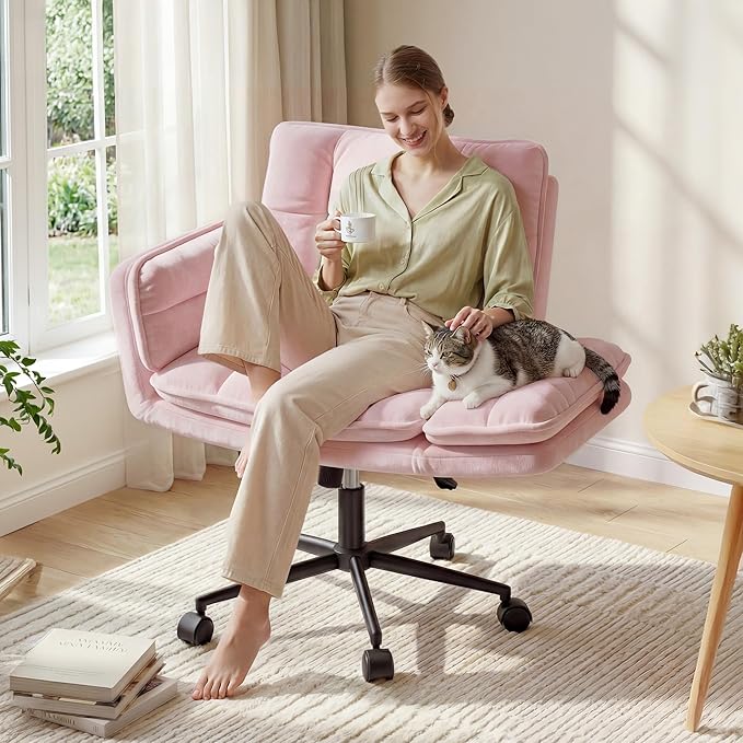 Criss Cross Chair with Wheels, Pink Desk Chair with Adjustable Armrests, Vanity Chair with Back for Bedroom, Makeup Room and Office Room