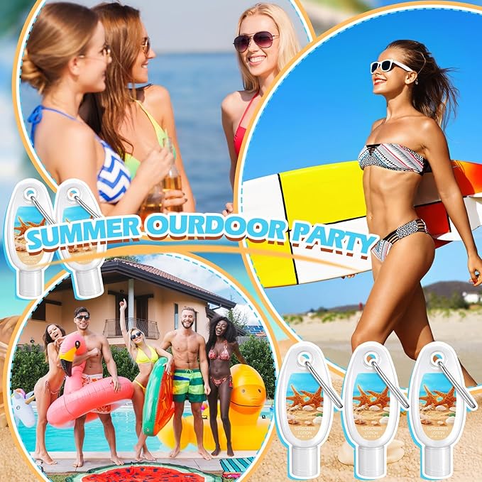 Leelosp 30 Pcs Mini Sunscreen with Carabiner Bulk Travel Size 1 Fl. oz. Spf 30 Water Resistant Mini Sunblock Lotion Keychain Summer Beach Vacation Gift for Wedding Guest Bridal Shower Party Favor