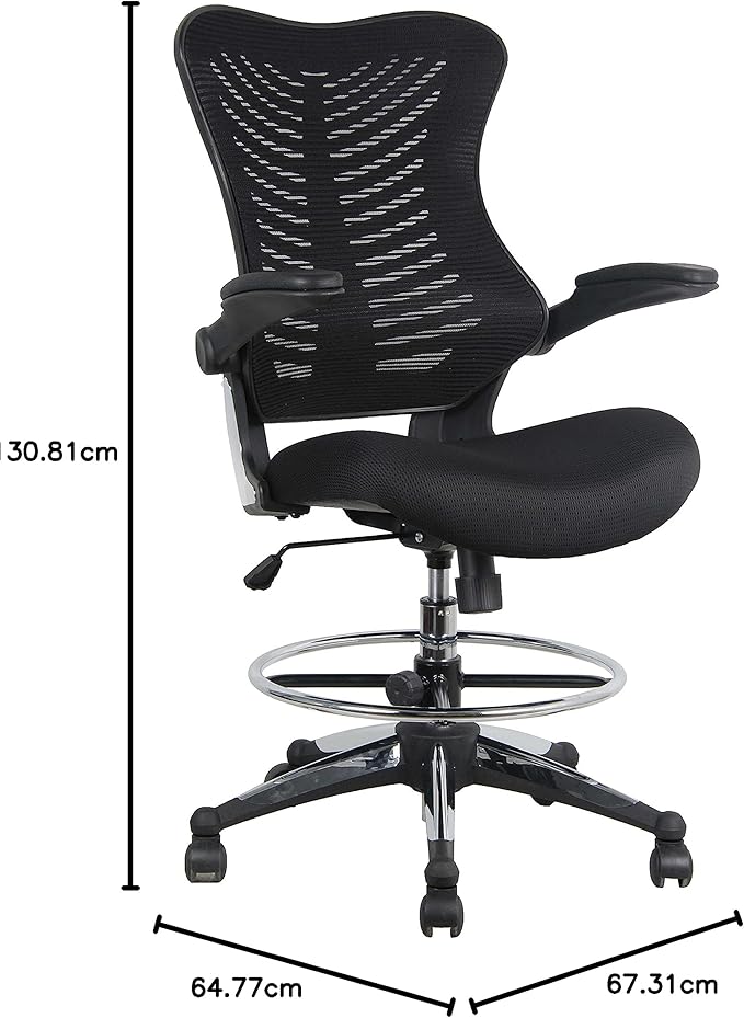 OfficeFactor 300 Lbs Ergonomic Drafting Chair Tall Office Chair Standing Desk Chair Flip up Armrests Molded Foam Seat with Adjustable Footrest Ring Lumbar Support (Black MESH Fabric)