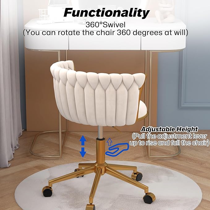 Velvet Woven Home Office Chair, Modern Swivel Desk Chair with Wheels, Height Adjustable Vanity Chair with Gold Metal Base and Hand Weaving Back, Beige