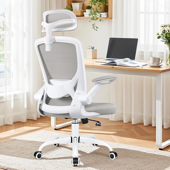 Office Desk Chair, Ergonomic Mesh Office Chair with Adjustable Lumbar Support, Headrest, Flip-up Armrests, Comfortable Computer Chairs for Home, Work, Gaming, (Light Gray, 6 Pack)
