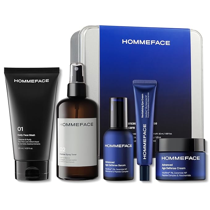 HommeFace Men's Daily Anti-Aging 5-Step Skincare Routine Bundle with Face Wash, Toner, Serum, Revitalizing Eye Cream, and Face Cream