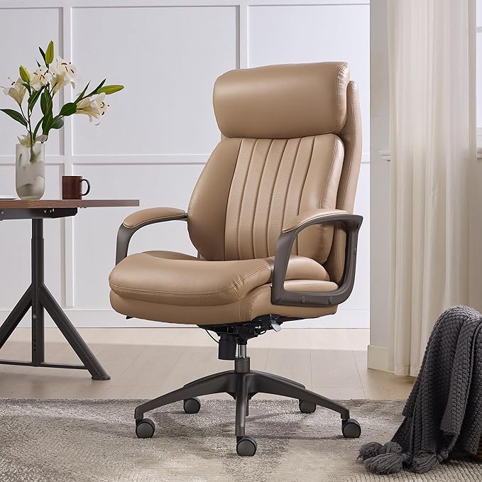 La-Z-Boy Nova Executive Office Chair - Ergonomic High Back Desk Chair with AIR Lumbar Support - Comfortable Computer Chair for Home Office - Vegan Leather - Light Tan