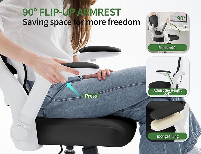 Office Chair - Ergonomic Desk Chair with Adjustable Headrest Lumbar Support Computer Chair - Mesh Comfy Chairs with Flip-up Armrests - Big and Tall Gaming Chairs for Adults Home Office(White Black)