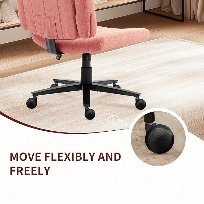 Pink Criss Cross Office Chair with Wheels, Ergonomic Wide Seat Vanity & Dressing Table Chair, Adjustable Arms Swivel Rolling Desk Chair for Women, Comfortable Cross-Legged Support