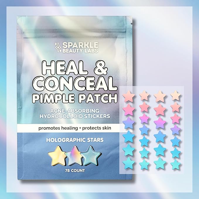 Heal & Conceal Pimple Patch - Cute Holographic Star Shaped Acne Patches, Fun Hydrocolloid Zit Stickers for Face (Iridescent Stars, 78 Count)