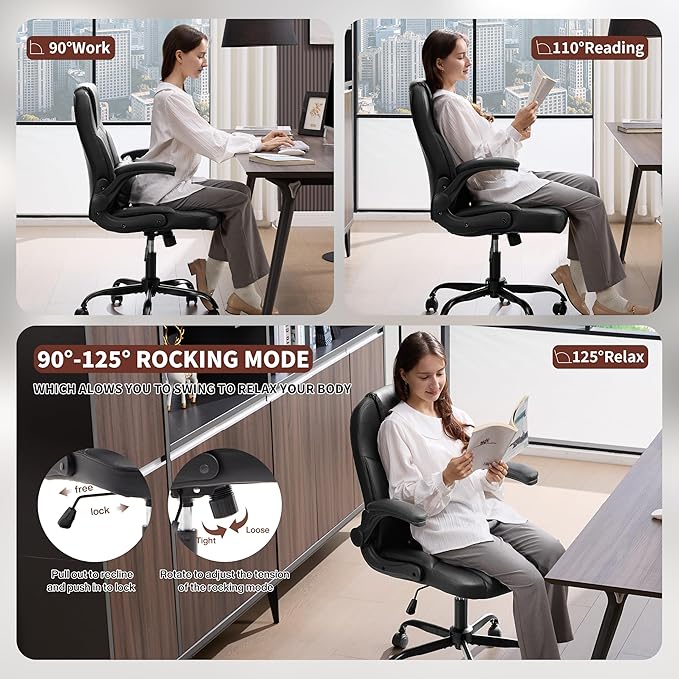 Executive Office Chair PU,Leather Office Chair with Wheels,360° Swivel Rolling Chair with Padded Arms,Ergonomic Computer Chair with Lumbar Support for Short People Use(Black)