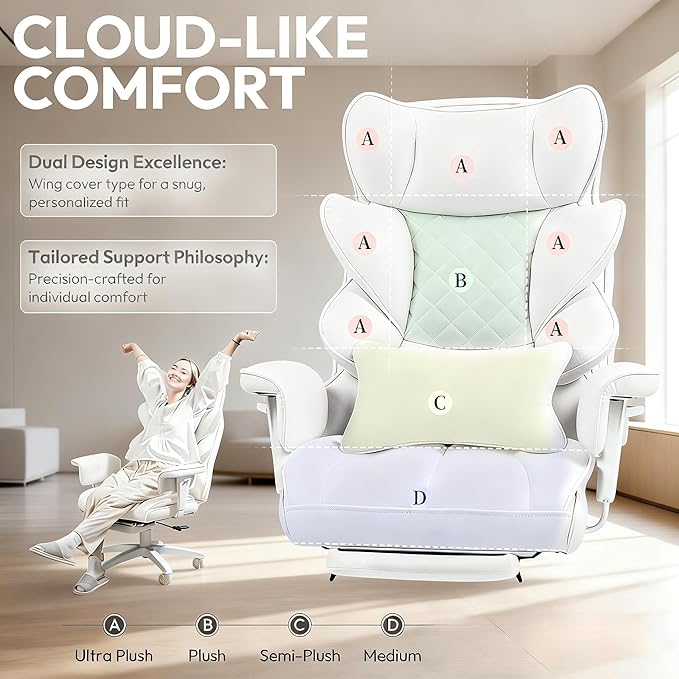 Dowinx Big and Tall Office Chair, High Back PU Leather Computer Gaming Chair with Pocket Spring Cushion, Adjustable Armrests, Lumbar Support, and Footrest –Light White