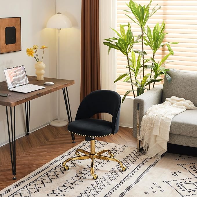 VINGLI Modern Velvet Small Office Chair,Cute Desk Chair with Wheels,Gold Base/Studs, Comfy Armless Swivel Vanity Task Chair for Women/Girl/Kids, Nail Tech Chair for Bedroom,Small Space,Black
