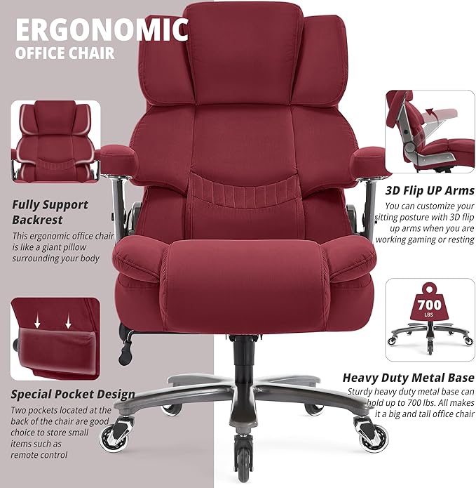 Fabric Big and Tall Office Chair 700lbs-High Back Executive Cloth Computer Chair with Adjustable Lumbar Support 3D Flip Arms Plus Size Rubber Wheels-Extra Wide Large Desk Chairs, Heavy Duty Metal Base