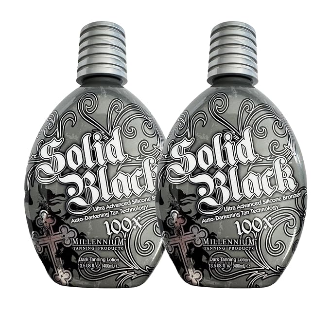 2 PACK Millennium Tanning SOLID BLACK 100X Dark Tanning Lotion Indoor Outdoor Tan Enhancing Silicone Bronzer Tanning Bed Lotion 13.5 Fl oz (400 ml)