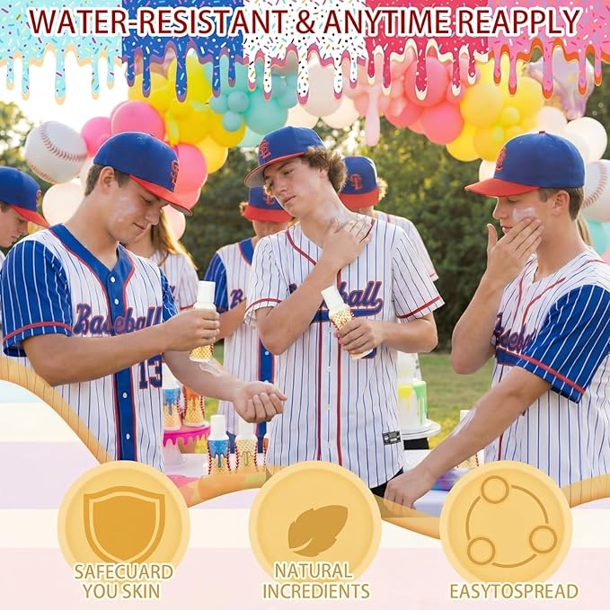 Demissle 24 Pcs Ice Cream Baseball Gifts Mini Sunscreen Bulk SPF 30 Travel Size Sunscreen Ice Cream Dripping Party Favors for Baseball Birthday Sports Team Summer Gifts, 1 Fl. oz