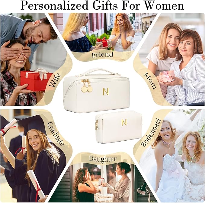 Birthday Gifts for Women Teen Girl, Personalized Initial Makeup Organizer Bag Set, Open Flat Travel Cosmetic Bag With Clear Divider and Handle(Beige,N)