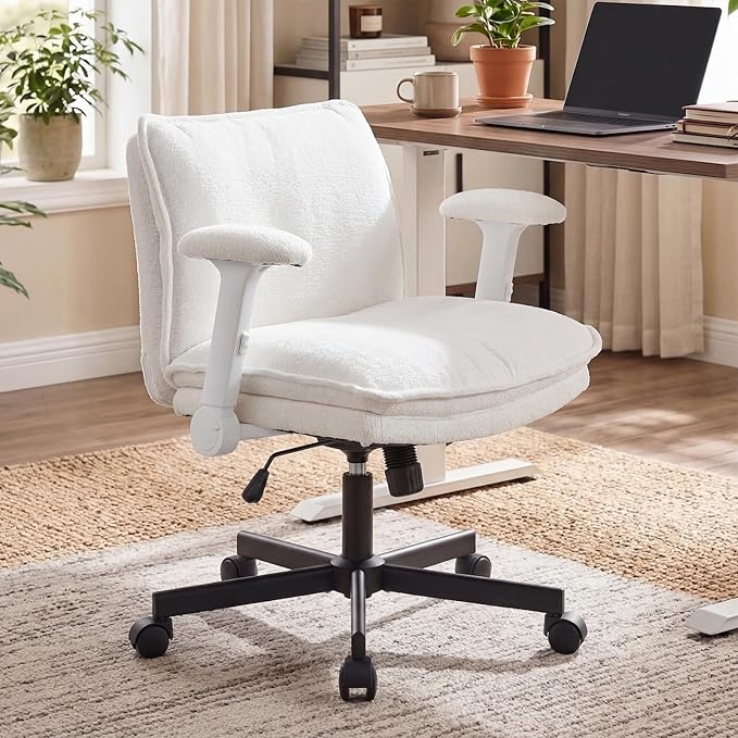 Cross Legged Office Chair, Height Adjustable Swivel Desk Chair with Flip-Up Arms, Padded Criss Cross Chair for Home Office & Bedroom