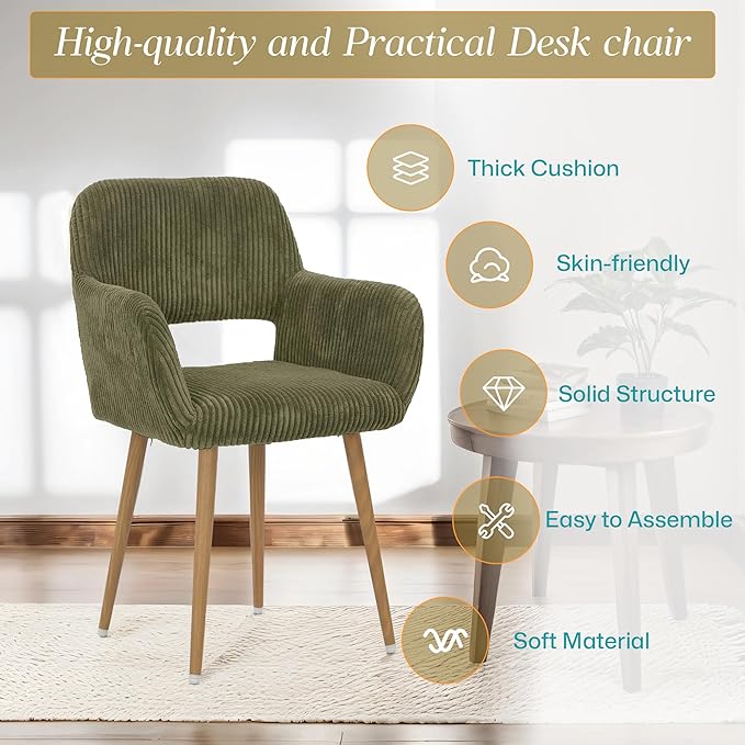 HENJIANYI Home Office Corduroy Desk Chair, Makeup Vanity Chair, Comfy Accent Armchair with Wood Grain Metal Legs, Cute Dining Chair with Hollowed Back, Green