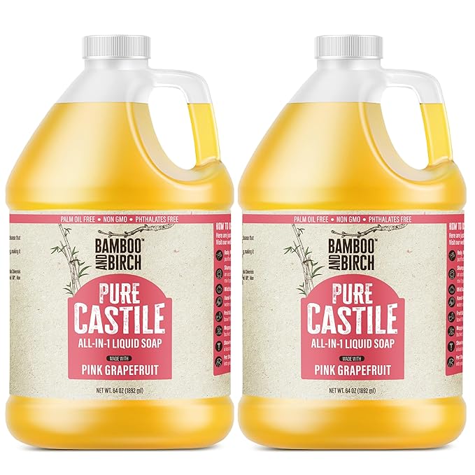BAMBOO AND BIRCH Pure Castile Soap Liquid, Certified Palm Oil Free Natural Soap, Citrus Grapefruit, 1 Gallon