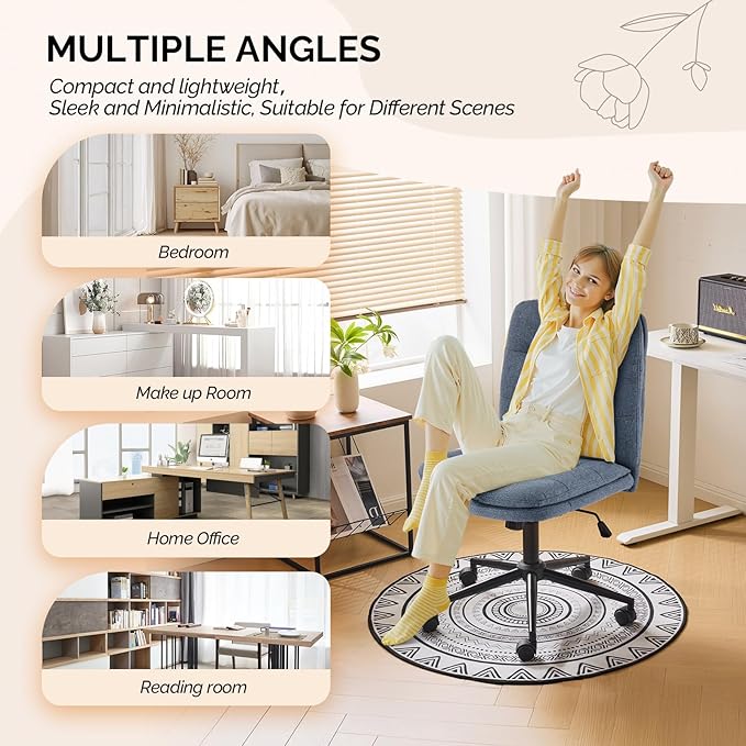 VINGLI Mid Back Armless Office Desk Chair with Wheels/no Wheels,360°Rocking Swivel Vanity Chair with Thickened Cushion,Adjustable Height Rolling for Reading Room, Make up, Linen Navy Blue