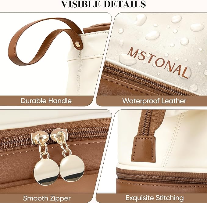 Travel Makeup Bag, Large Capacity Double Layer Cosmetic Bags for Women, Waterproof Portable Make Up Skincare Pouch with Makeup Brush Organizer, Toiletry Bag for Essentials, Beige & Brown