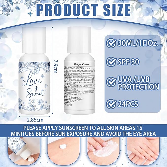 24 Pcs Something Blue Before I Do Bridal Shower Travel Size Mini Sunscreen Bulk SPF30+ Sunscreen Blue Flowers Love Is Sweet Wedding Party Favors for Guests Thank You Gifts, 1 Fl. oz