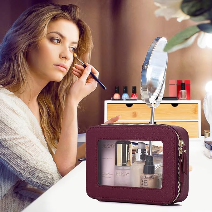Pinkmik Clear Makeup Bag for Women Waterproof Travel Cosmetics and Toiletries Case Portable Makeup Oaganizer Bag Clear Car Bag with Zipper (X/Burgundy, M+L)