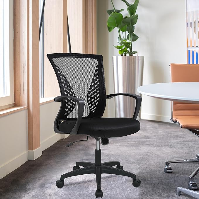 FDW Home Office Chair Mid Back PC Swivel Lumbar Support Adjustable Desk Task Computer Ergonomic Comfortable Mesh Chair with Armrest (Black)