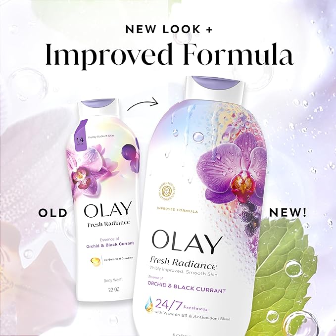 Olay Body Wash for Women, Fresh Radiance, 24/7 Skin-Loving Freshness, Visibly Radiant, Plant Based Cleansers, Vitamin B3 & Antioxidant Blend, For All Skin Types, Orchid & Black Currant Scent, 22 fl oz