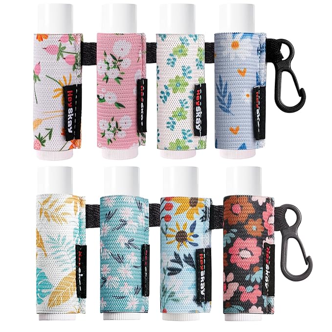 HEYSKAY 8PCS Lip Balm Keychain Holder Compatible with Chapstick, Stocking Stuffers Gifts Keychain Lip Gloss Holder Key Chain Lipstick Holder Sleeves(Floral Set A-8PCS)