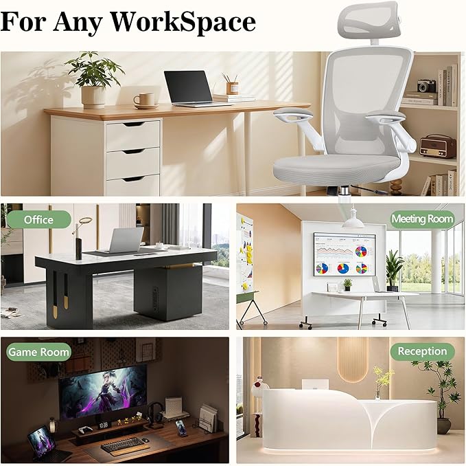 Office Chair Ergonomic Desk Chair, Breathable Mesh Office Chairs with Adjustable Lumbar Support, Flip-Up Arms, Computer Desk Chair Comfy for Home Office, Light Gray