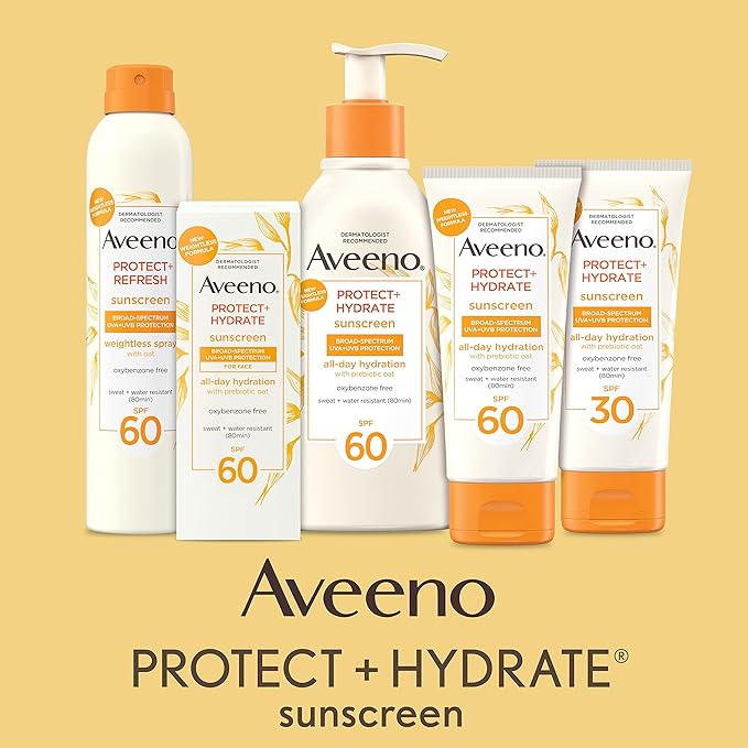 Aveeno Protect + Hydrate Sunscreen Moisturizing Lotion with Prebiotic Oat,Broad Spectrum SPF60,Paraben,& Oil Free,Weightless,Water & Sweat Resistant (80-min) for Sensitive Skin,12 Fl Oz,(Pack of 2)