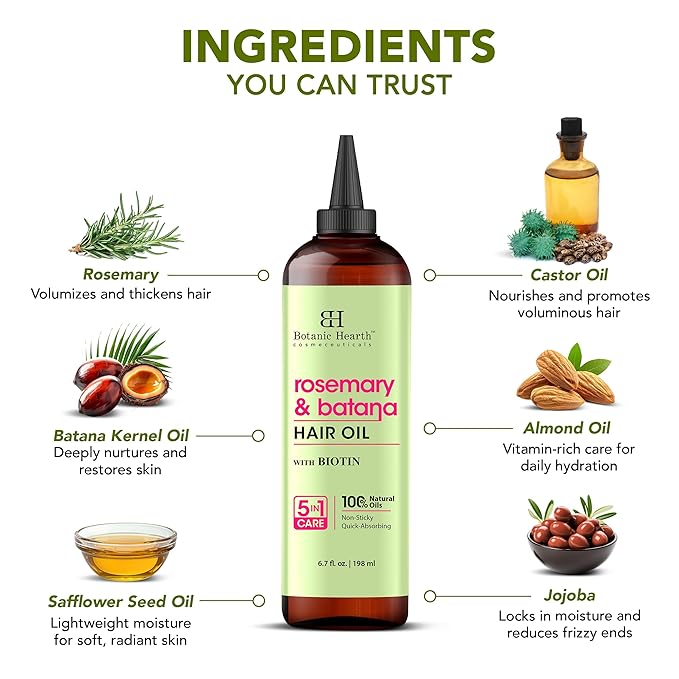 Botanic Hearth 100% Pure Rosemary Batana Oil For Hair Growth & Hair Treatment Oils 6.7 Fl Oz | Infused with coconut Oil | Hair Oil Repairs Dry Damaged Hair, Strengthening, Healthier | All Hair Types