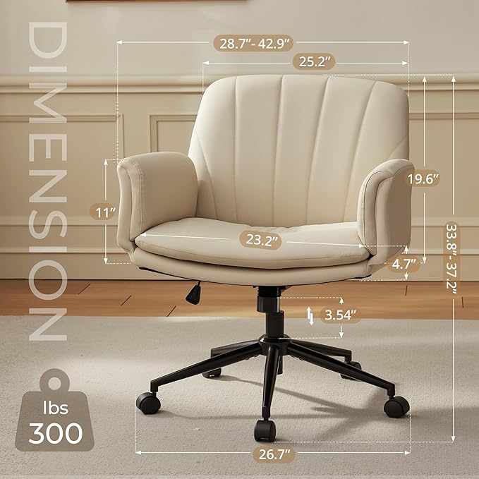 Dowinx Criss Cross Chair with Five-Level Adjustable Arms and Wheels - Comfortable Ergonomic PU Leather Swivel Vanity Chair - Computer Makeup Gaming Chair for Home Office, Bedroom, Vanity Room (Khaki)