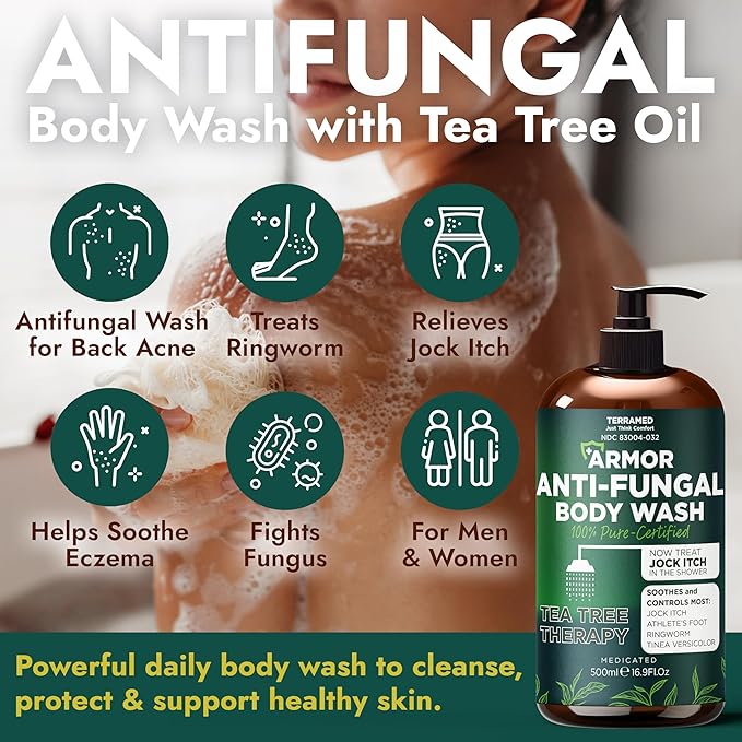 Antifungal Body Wash with Tea Tree Oil | Antifungal Soap Treats Ringworm, Back Acne, Eczema & Jock Itch | Antifungal Body Soap For Men And Women (16.9 oz)